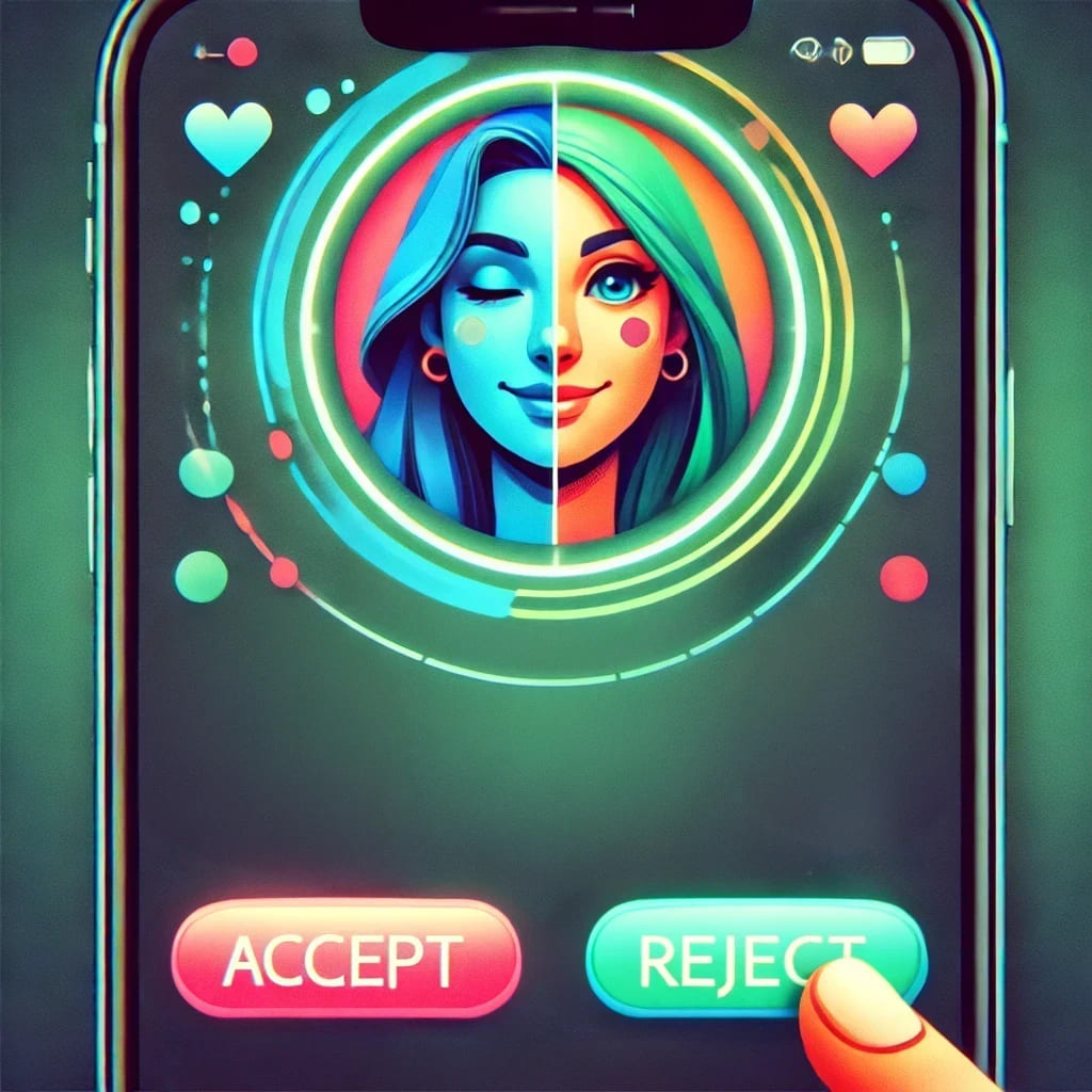 An app interface showing an avatar with accept and reject buttons for matching people