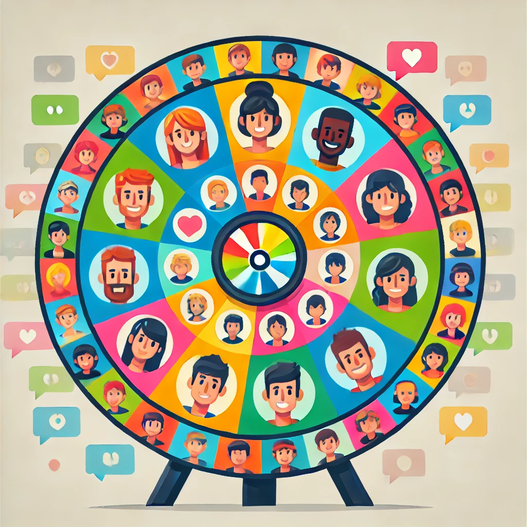 Illustration of a spinning wheel with avatars representing random video chat participants on Flippy Talk